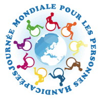 Logo der Konferenz: Personen in Rollstühlen um einen Globus